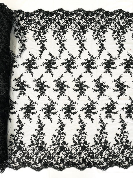 Big Floral Damask Beaded Lace Polyester Fabric - Floral Damask, 54" Width (1 Yard)