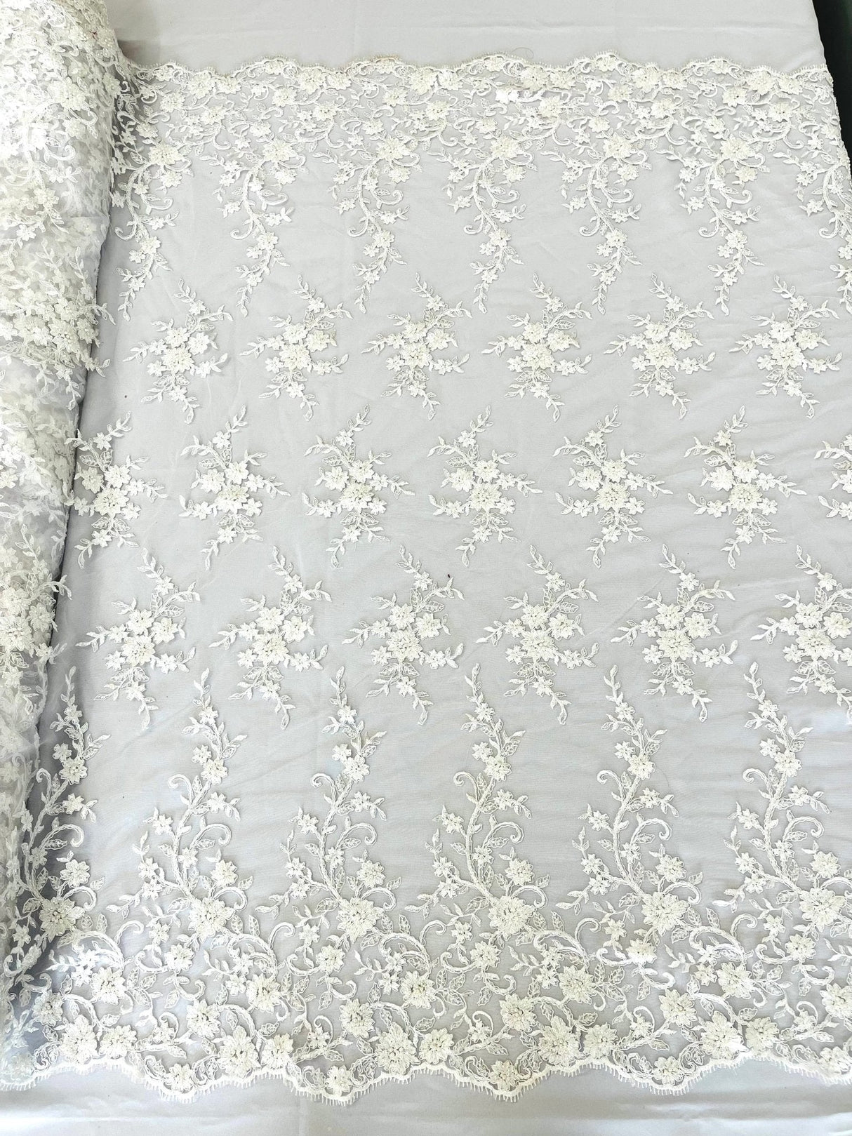 Big Floral Damask Beaded Lace Polyester Fabric - Floral Damask, 54" Width (1 Yard)