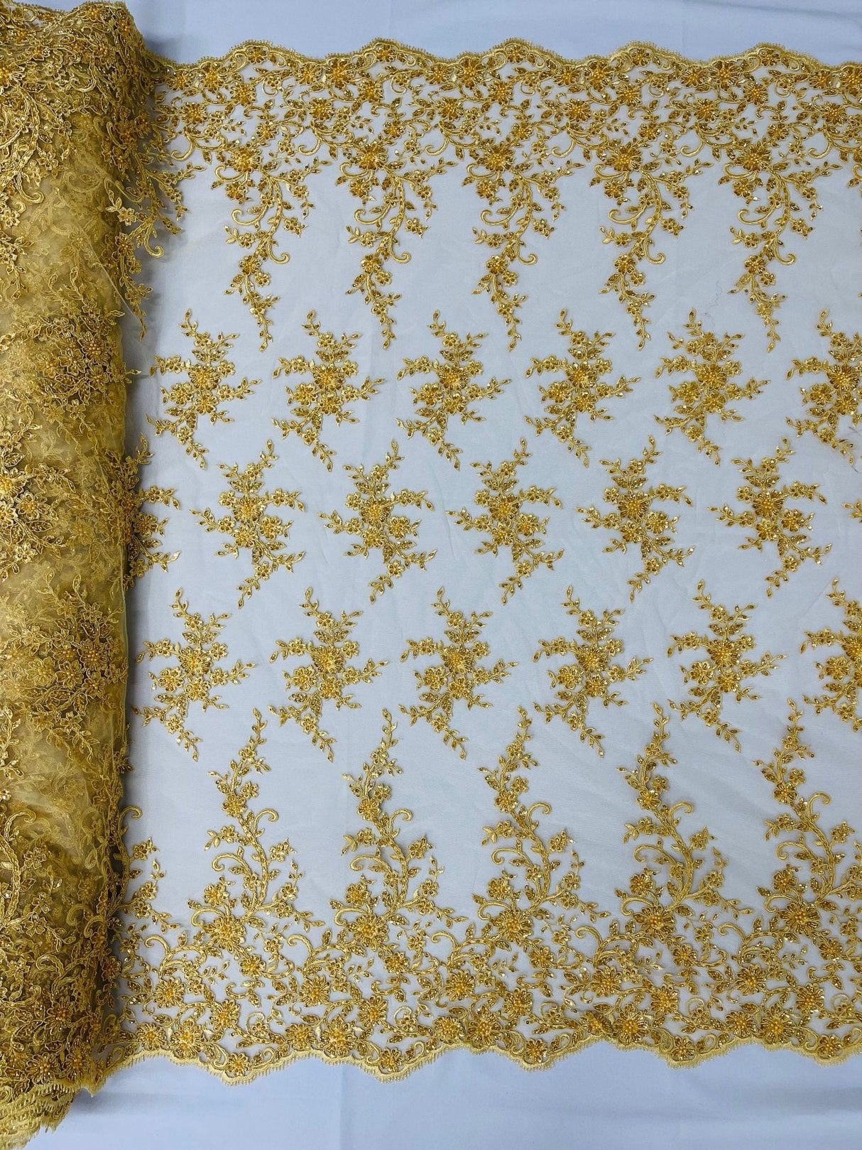 Big Floral Damask Beaded Lace Polyester Fabric - Floral Damask, 54" Width (1 Yard)