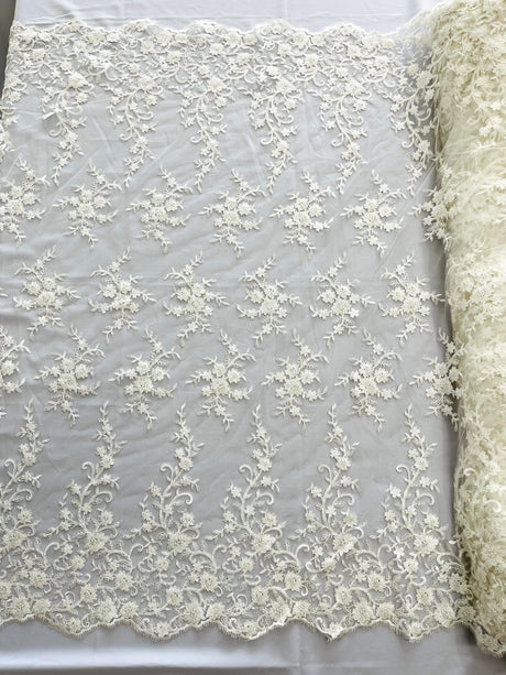 Big Floral Damask Beaded Lace Polyester Fabric - Floral Damask, 54" Width (1 Yard)