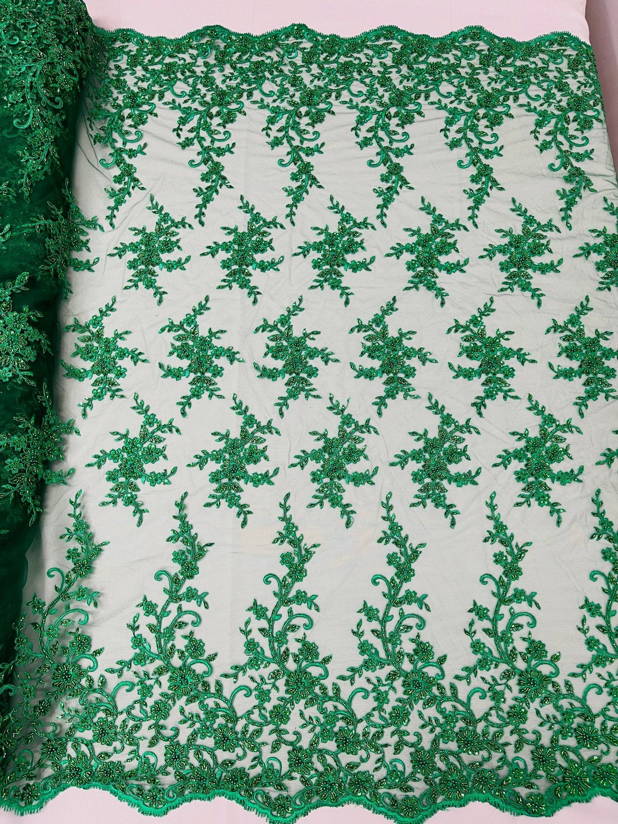 Big Floral Damask Beaded Lace Polyester Fabric - Floral Damask, 54" Width (1 Yard)