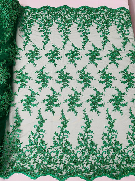 Big Floral Damask Beaded Lace Polyester Fabric - Floral Damask, 54" Width (1 Yard)