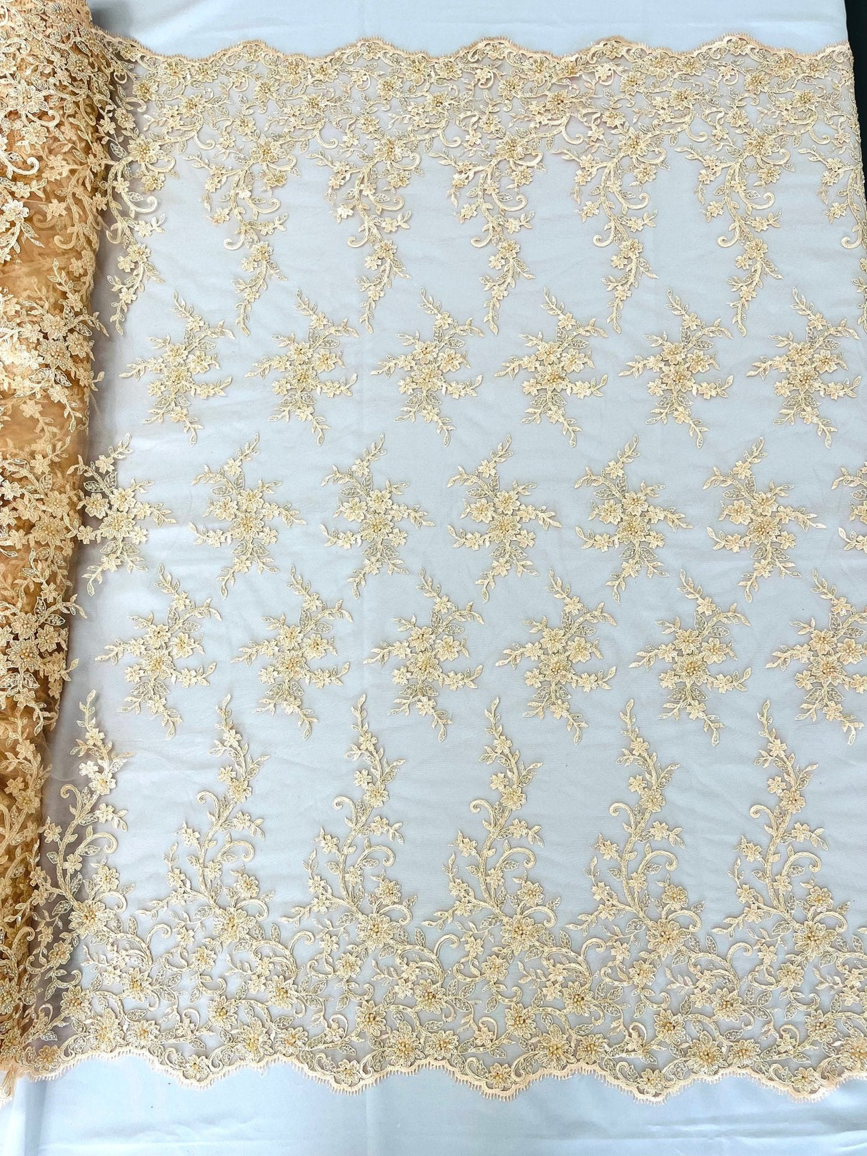 Big Floral Damask Beaded Lace Polyester Fabric - Floral Damask, 54" Width (1 Yard)