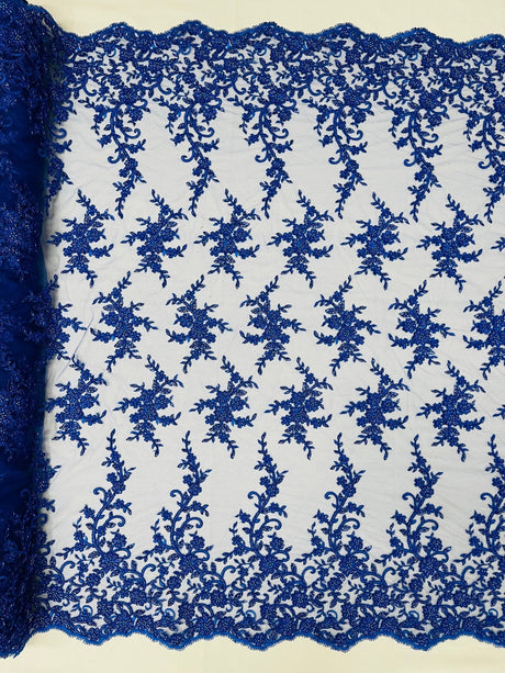 Big Floral Damask Beaded Lace Polyester Fabric - Floral Damask, 54" Width (1 Yard)