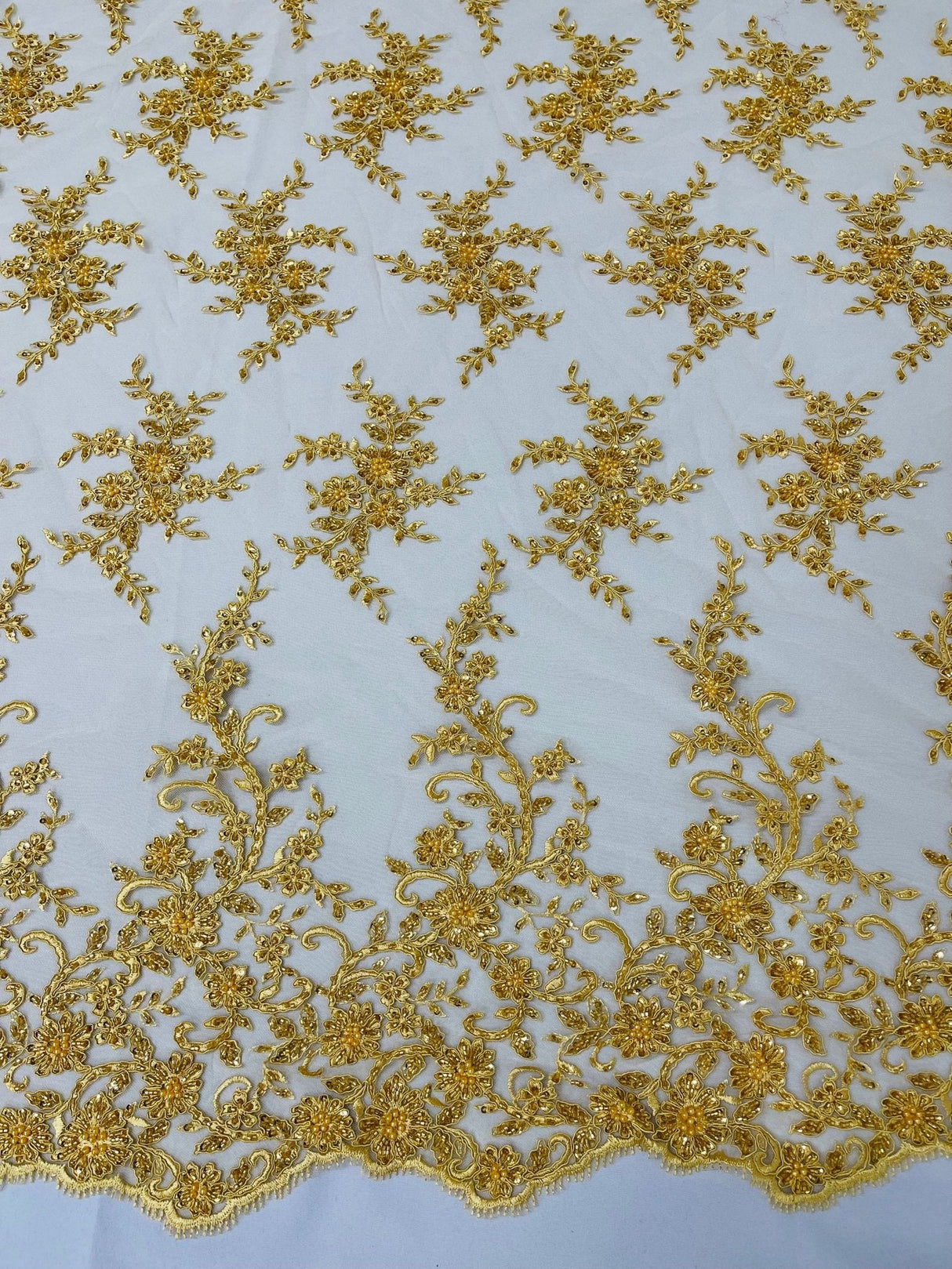 Big Floral Damask Beaded Lace Polyester Fabric - Floral Damask, 54" Width (1 Yard)