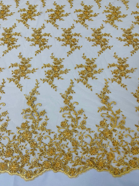 Big Floral Damask Beaded Lace Polyester Fabric - Floral Damask, 54" Width (1 Yard)