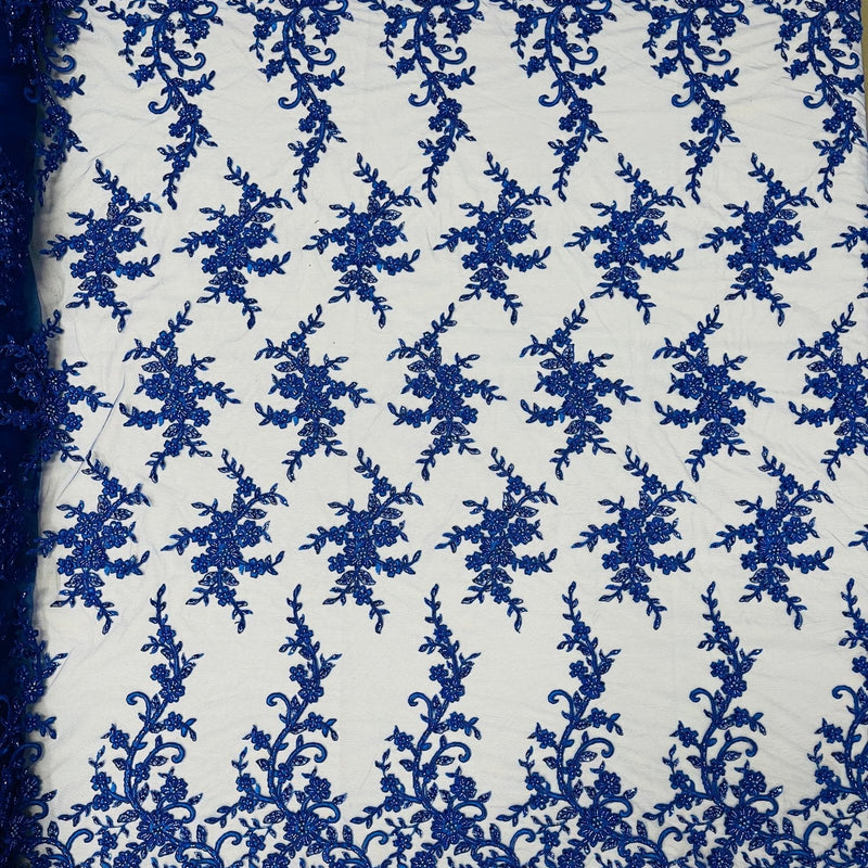 Big Floral Damask Beaded Lace Polyester Fabric - Floral Damask, 54" Width (1 Yard)