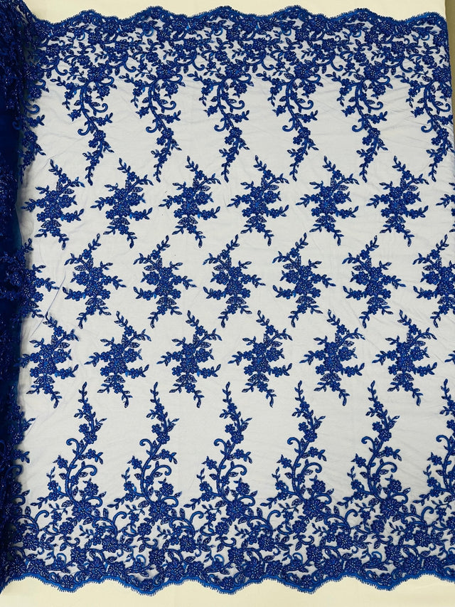 Big Floral Damask Beaded Lace Polyester Fabric - Floral Damask, 54" Width (1 Yard)