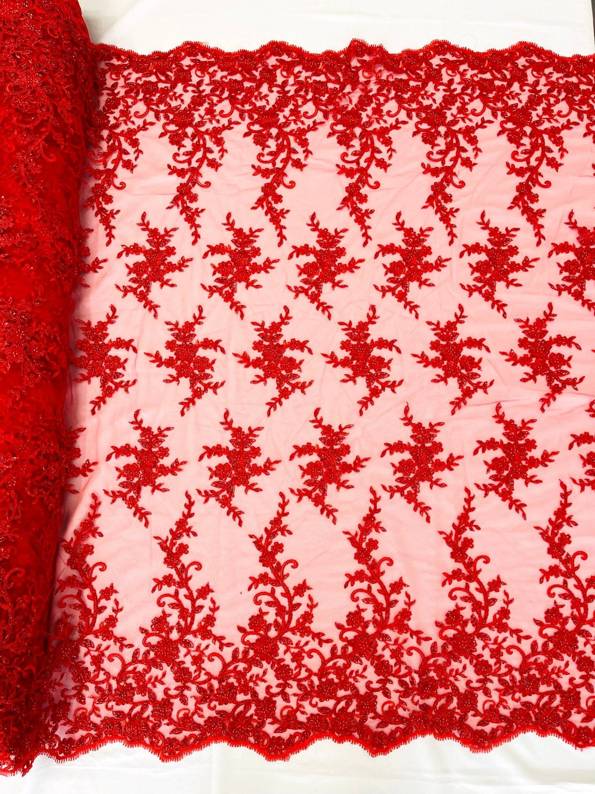 Big Floral Damask Beaded Lace Polyester Fabric - Floral Damask, 54" Width (1 Yard)