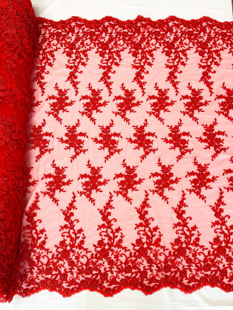 Big Floral Damask Beaded Lace Polyester Fabric - Floral Damask, 54" Width (1 Yard)