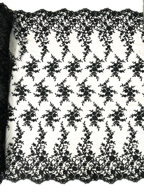 Big Floral Damask Beaded Lace Polyester Fabric - Floral Damask, 54" Width (1 Yard)