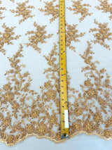 Big Floral Damask Beaded Lace Polyester Fabric - Floral Damask, 54" Width (1 Yard)