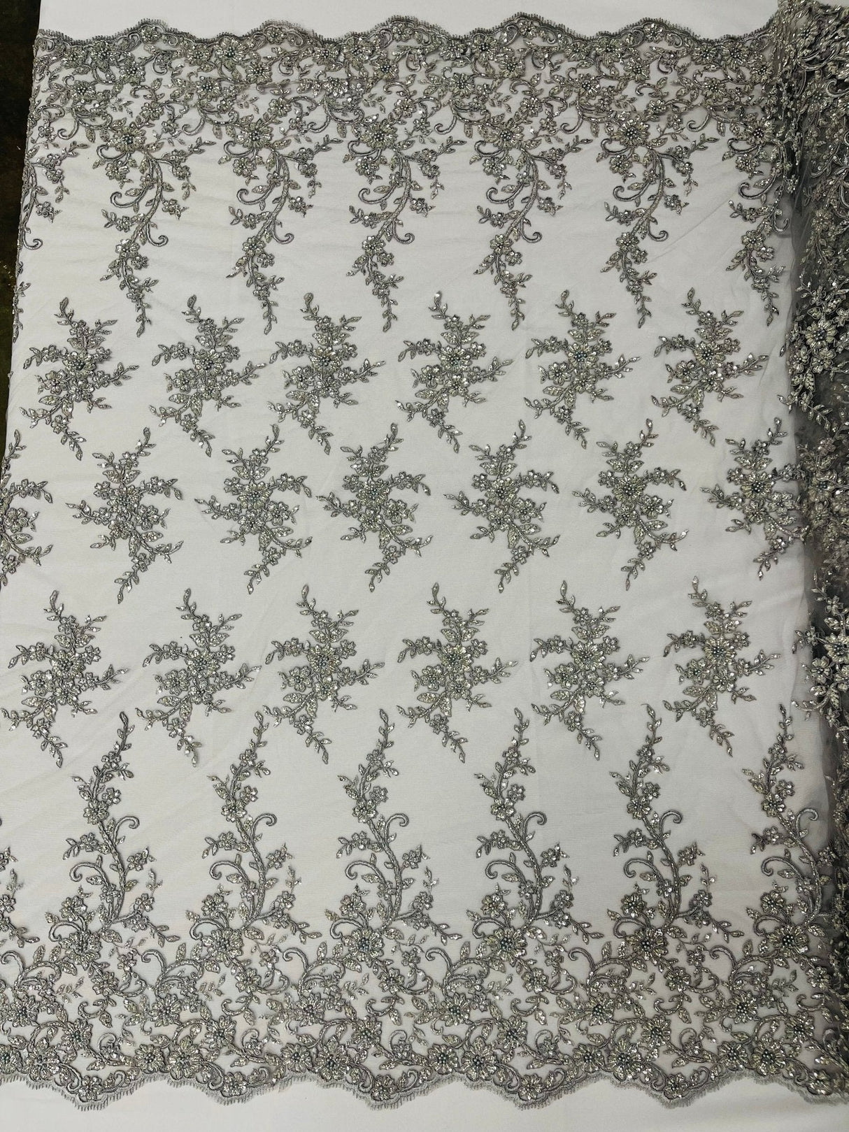 Big Floral Damask Beaded Lace Polyester Fabric - Floral Damask, 54" Width (1 Yard)