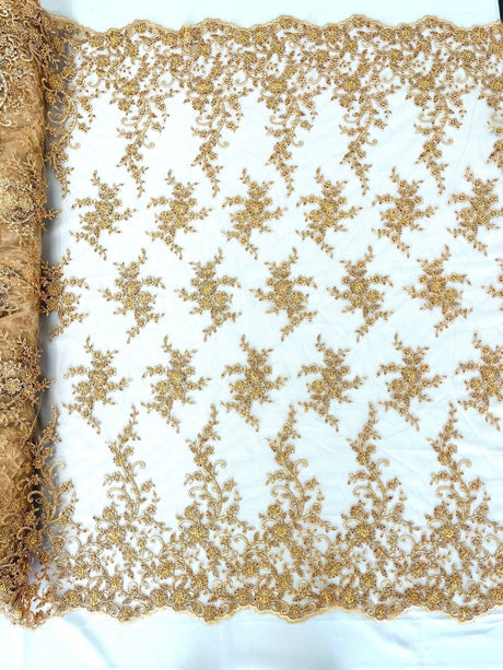 Big Floral Damask Beaded Lace Polyester Fabric - Floral Damask, 54" Width (1 Yard)