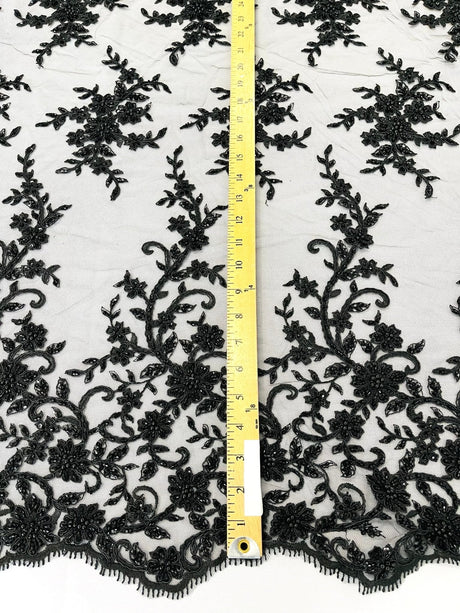 Big Floral Damask Beaded Lace Polyester Fabric - Floral Damask, 54" Width (1 Yard)