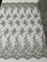 Big Floral Damask Beaded Lace Polyester Fabric - Floral Damask, 54" Width (1 Yard)