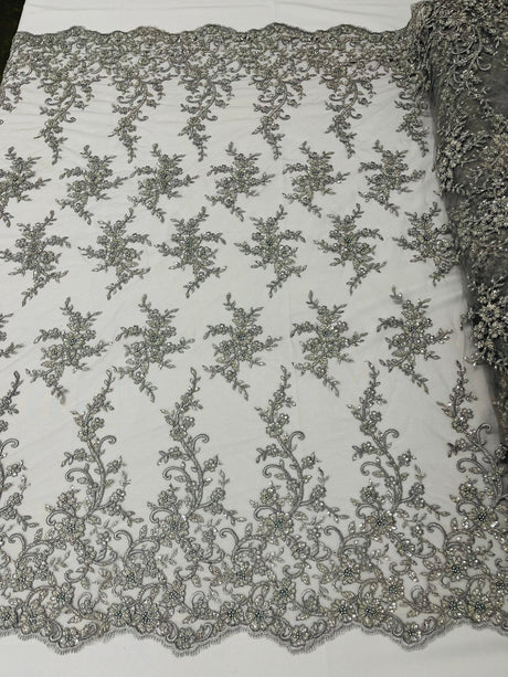 Big Floral Damask Beaded Lace Polyester Fabric - Floral Damask, 54" Width (1 Yard)