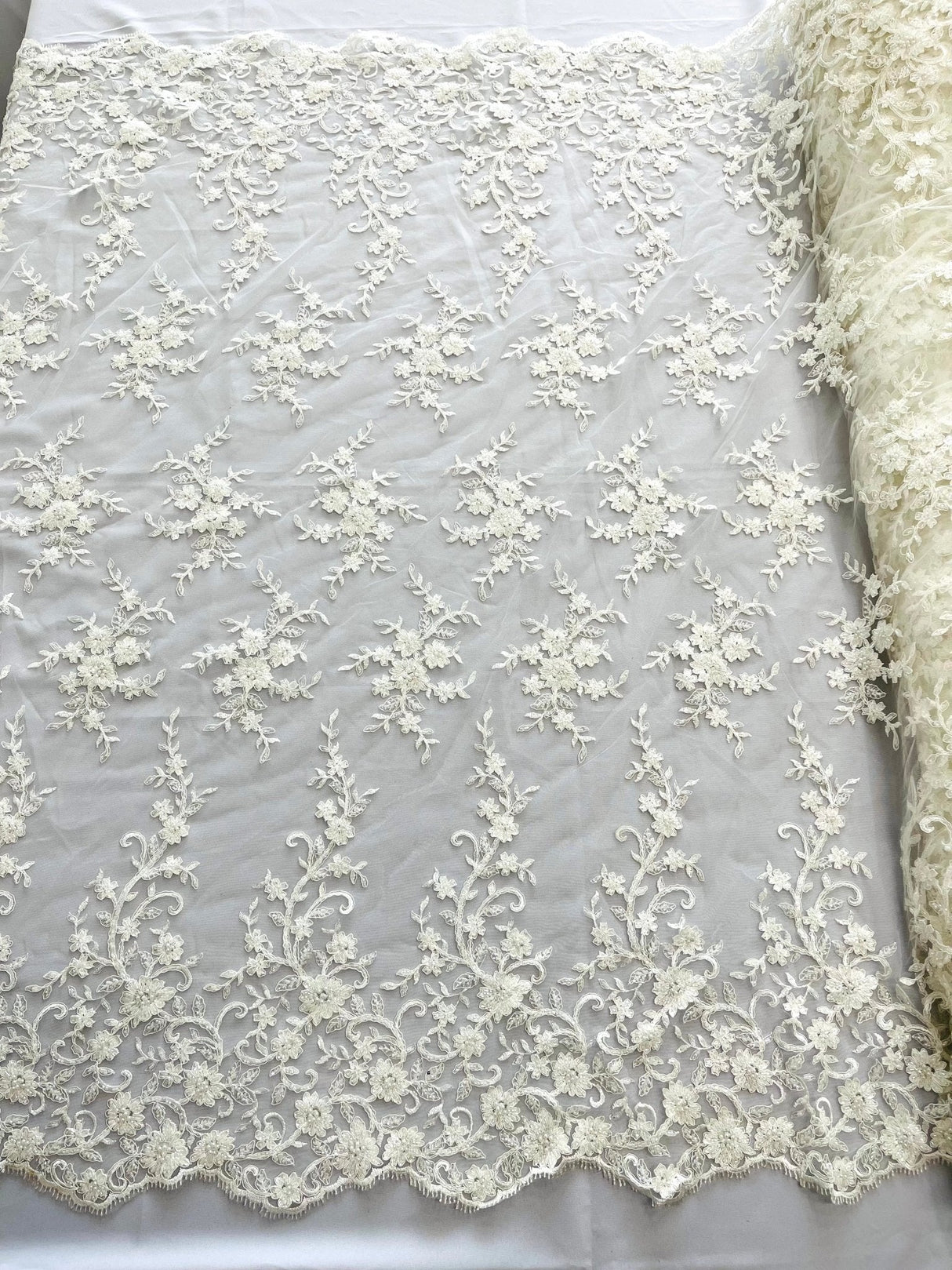 Big Floral Damask Beaded Lace Polyester Fabric - Floral Damask, 54" Width (1 Yard)