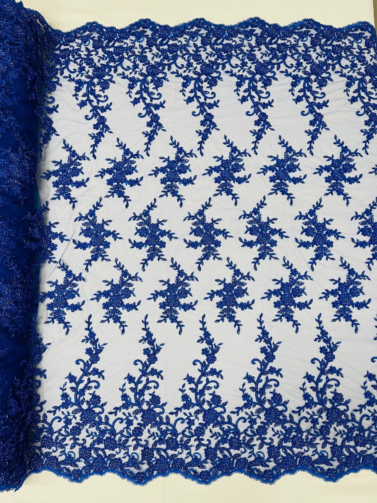 Big Floral Damask Beaded Lace Polyester Fabric - Floral Damask, 54" Width (1 Yard)