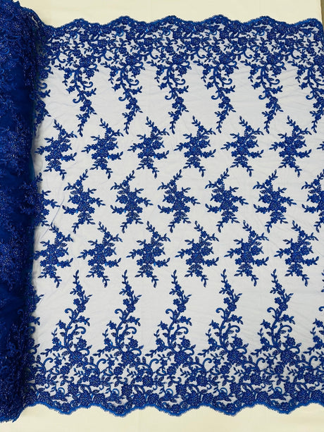 Big Floral Damask Beaded Lace Polyester Fabric - Floral Damask, 54" Width (1 Yard)