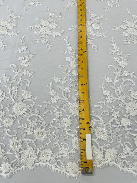 Big Floral Damask Beaded Lace Polyester Fabric - Floral Damask, 54" Width (1 Yard)