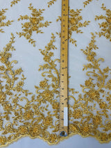 Big Floral Damask Beaded Lace Polyester Fabric - Floral Damask, 54" Width (1 Yard)
