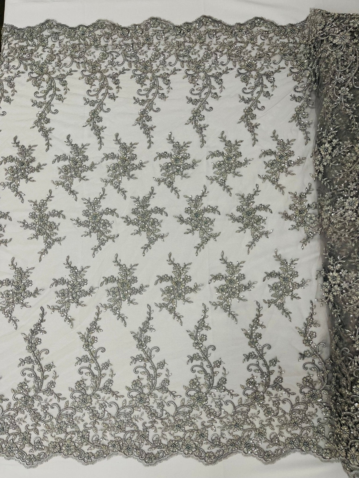 Big Floral Damask Beaded Lace Polyester Fabric - Floral Damask, 54" Width (1 Yard)
