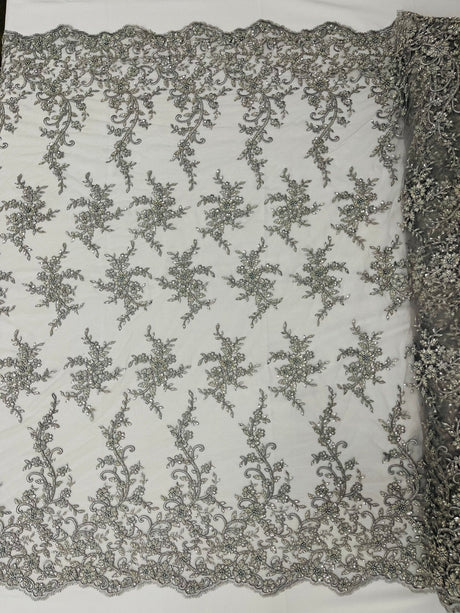Big Floral Damask Beaded Lace Polyester Fabric - Floral Damask, 54" Width (1 Yard)