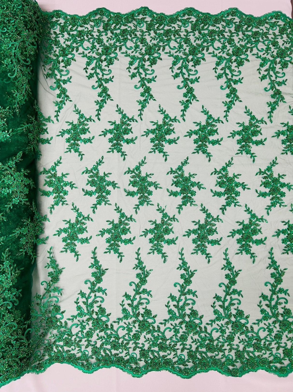 Big Floral Damask Beaded Lace Polyester Fabric - Floral Damask, 54" Width (1 Yard)