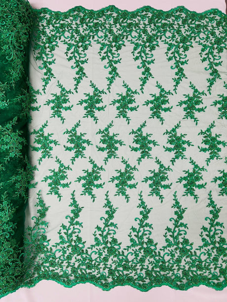 Big Floral Damask Beaded Lace Polyester Fabric - Floral Damask, 54" Width (1 Yard)