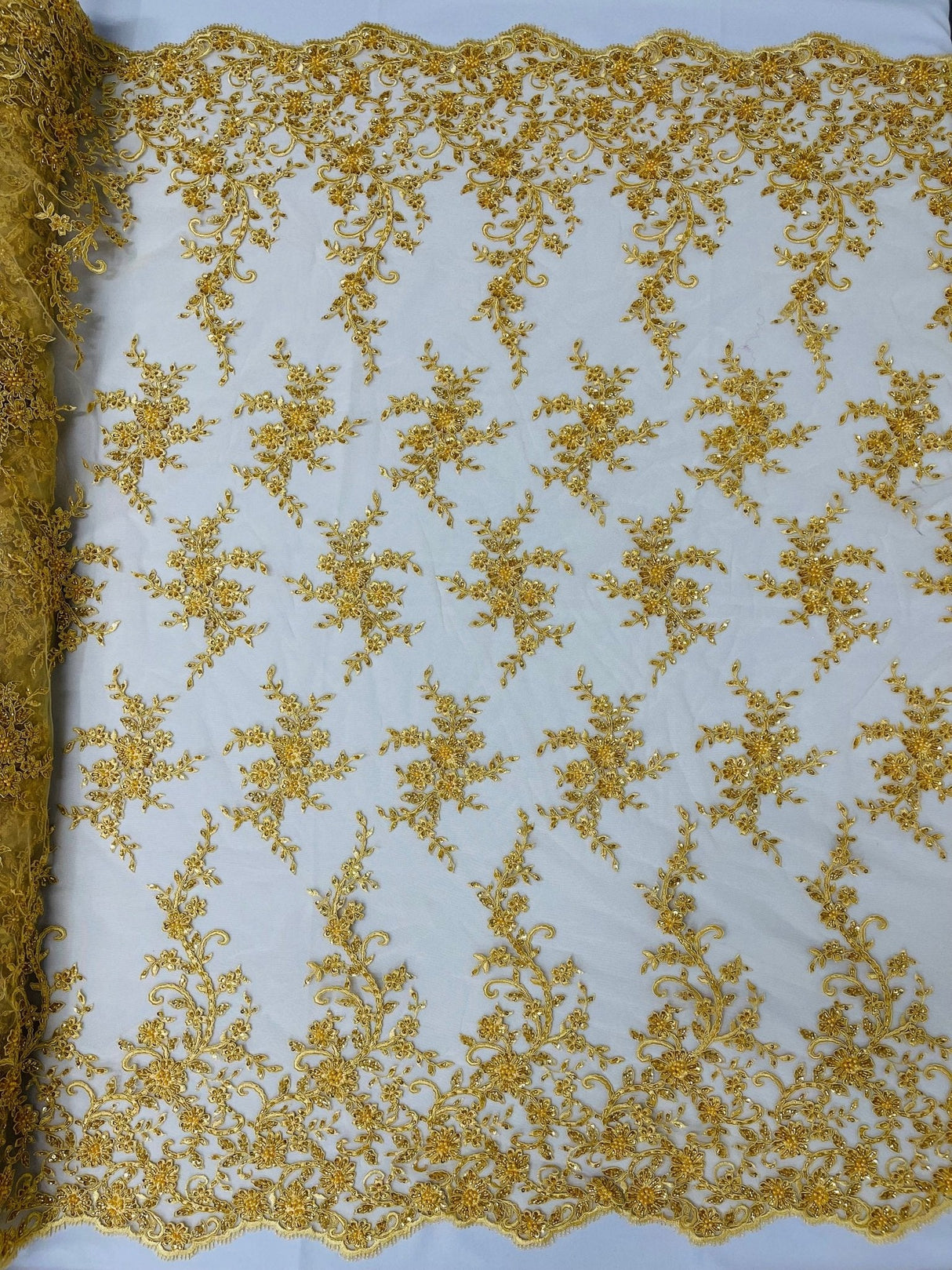 Big Floral Damask Beaded Lace Polyester Fabric - Floral Damask, 54" Width (1 Yard)