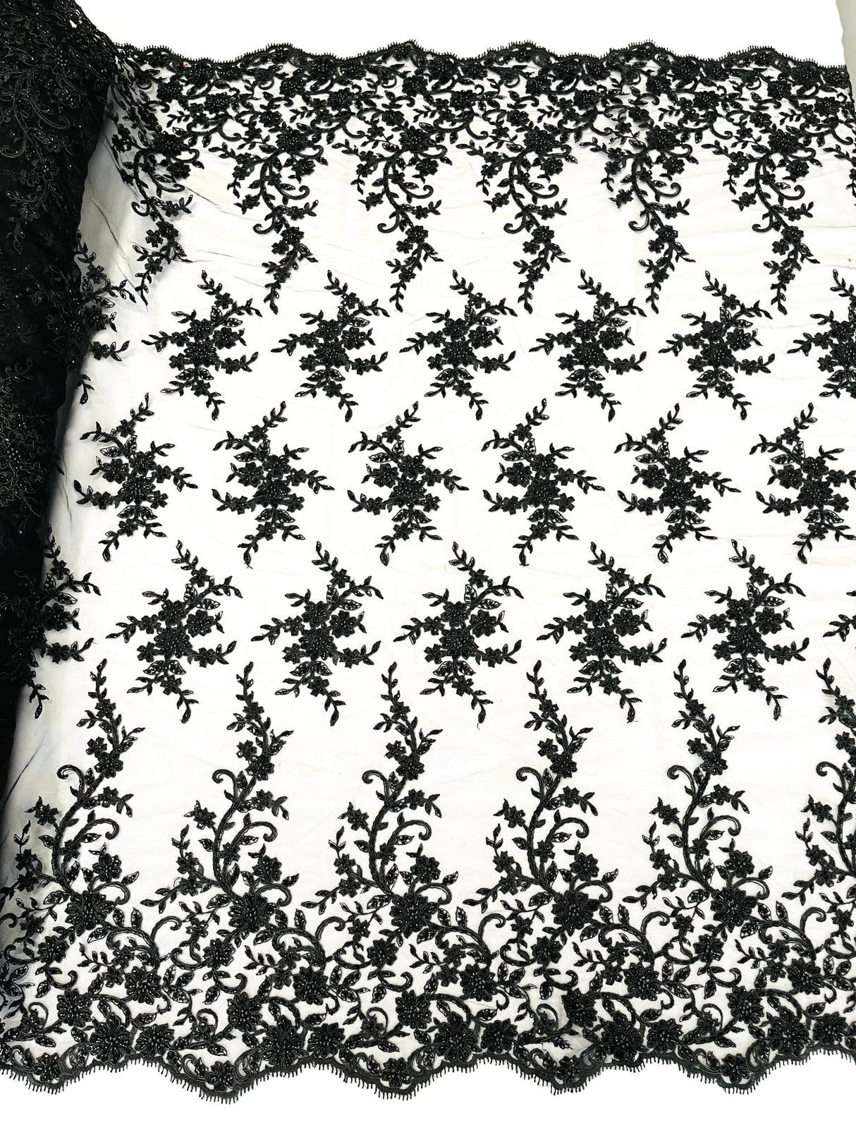 Big Floral Damask Beaded Lace Polyester Fabric - Floral Damask, 54" Width (1 Yard)