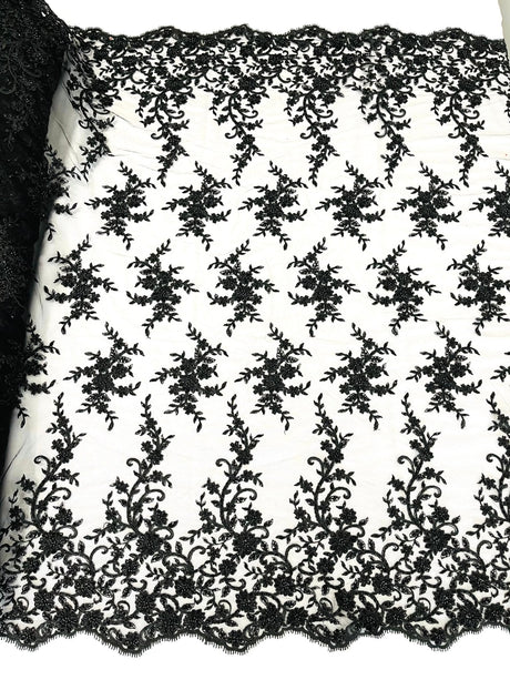 Big Floral Damask Beaded Lace Polyester Fabric - Floral Damask, 54" Width (1 Yard)