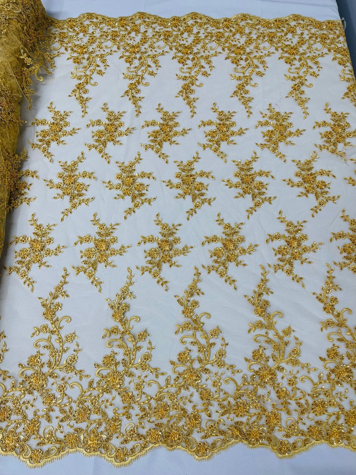 Big Floral Damask Beaded Lace Polyester Fabric - Floral Damask, 54" Width (1 Yard)