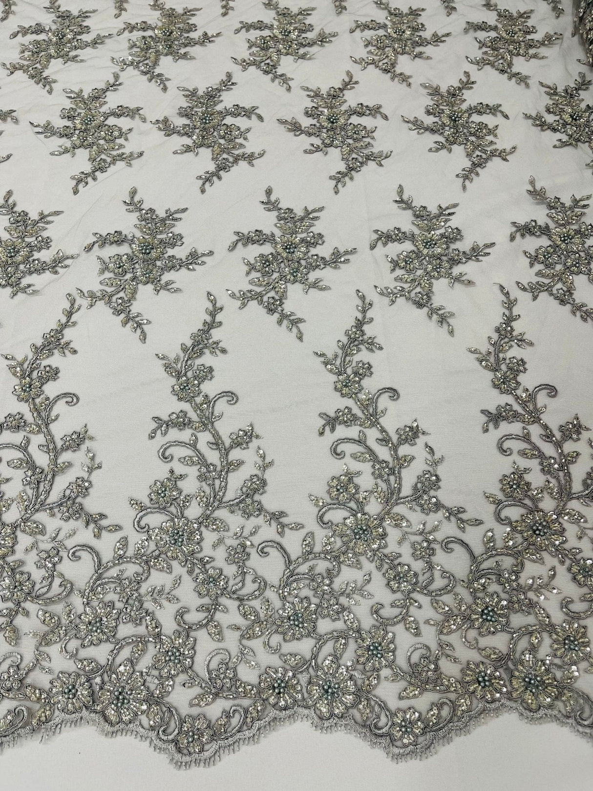Big Floral Damask Beaded Lace Polyester Fabric - Floral Damask, 54" Width (1 Yard)