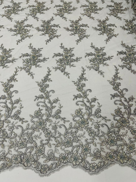 Big Floral Damask Beaded Lace Polyester Fabric - Floral Damask, 54" Width (1 Yard)