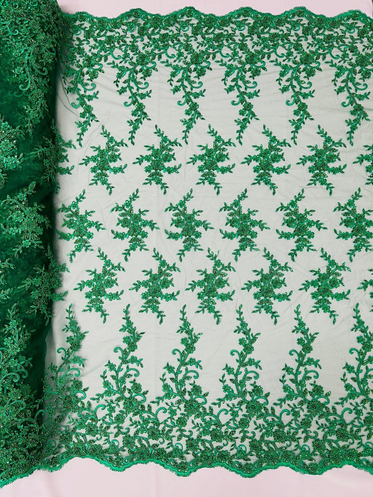 Big Floral Damask Beaded Lace Polyester Fabric - Floral Damask, 54" Width (1 Yard)