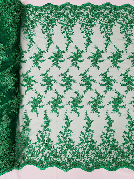 Big Floral Damask Beaded Lace Polyester Fabric - Floral Damask, 54" Width (1 Yard)