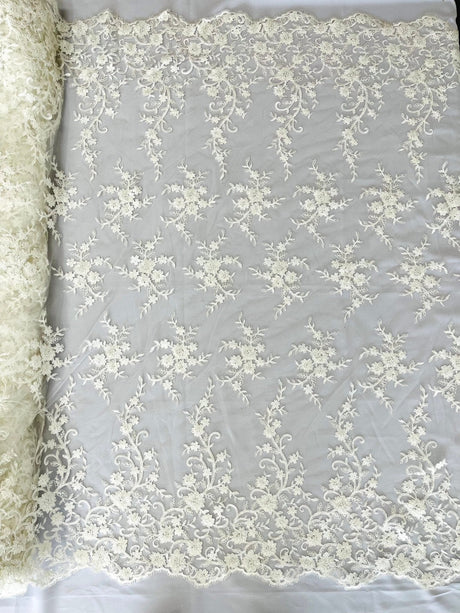 Big Floral Damask Beaded Lace Polyester Fabric - Floral Damask, 54" Width (1 Yard)