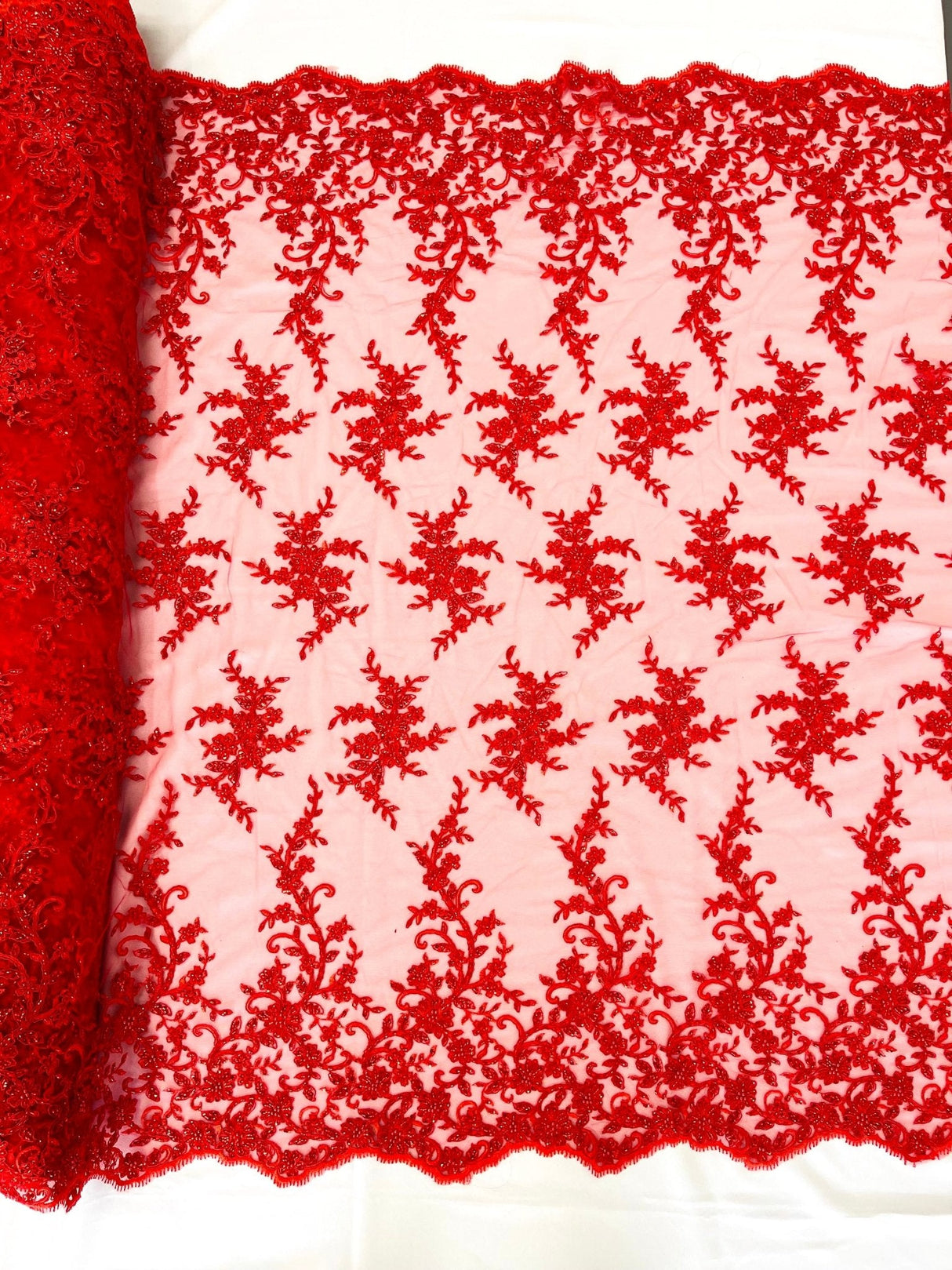 Big Floral Damask Beaded Lace Polyester Fabric - Floral Damask, 54" Width (1 Yard)