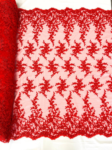 Big Floral Damask Beaded Lace Polyester Fabric - Floral Damask, 54" Width (1 Yard)