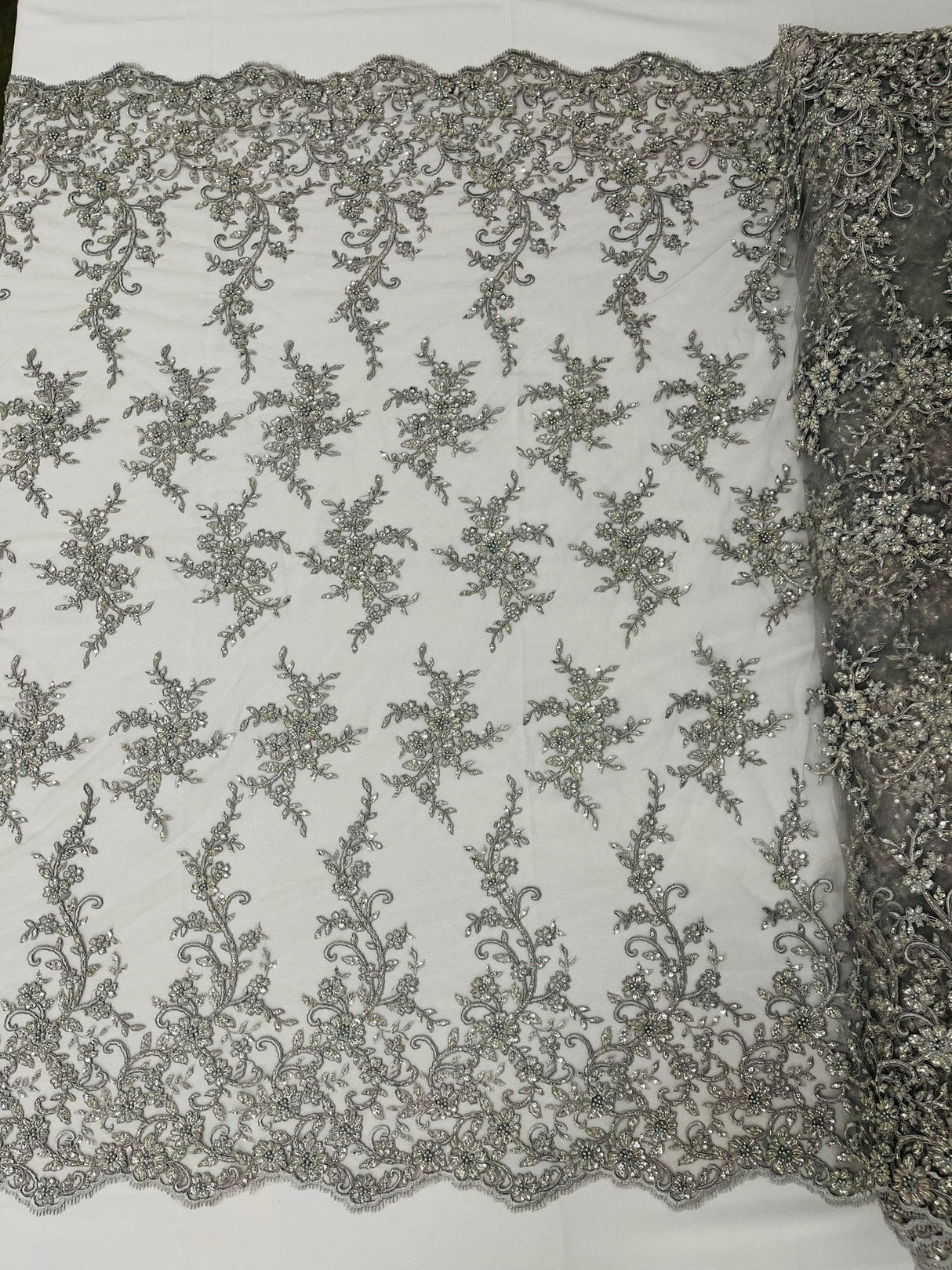 Big Floral Damask Beaded Lace Polyester Fabric - Floral Damask, 54" Width (1 Yard)
