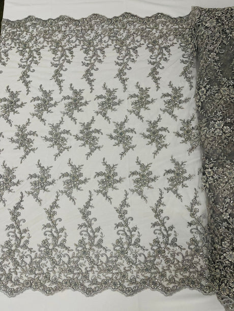 Big Floral Damask Beaded Lace Polyester Fabric - Floral Damask, 54" Width (1 Yard)
