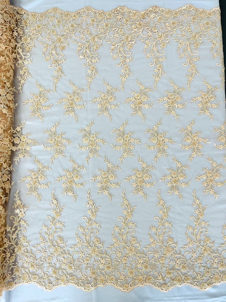 Big Floral Damask Beaded Lace Polyester Fabric - Floral Damask, 54" Width (1 Yard)