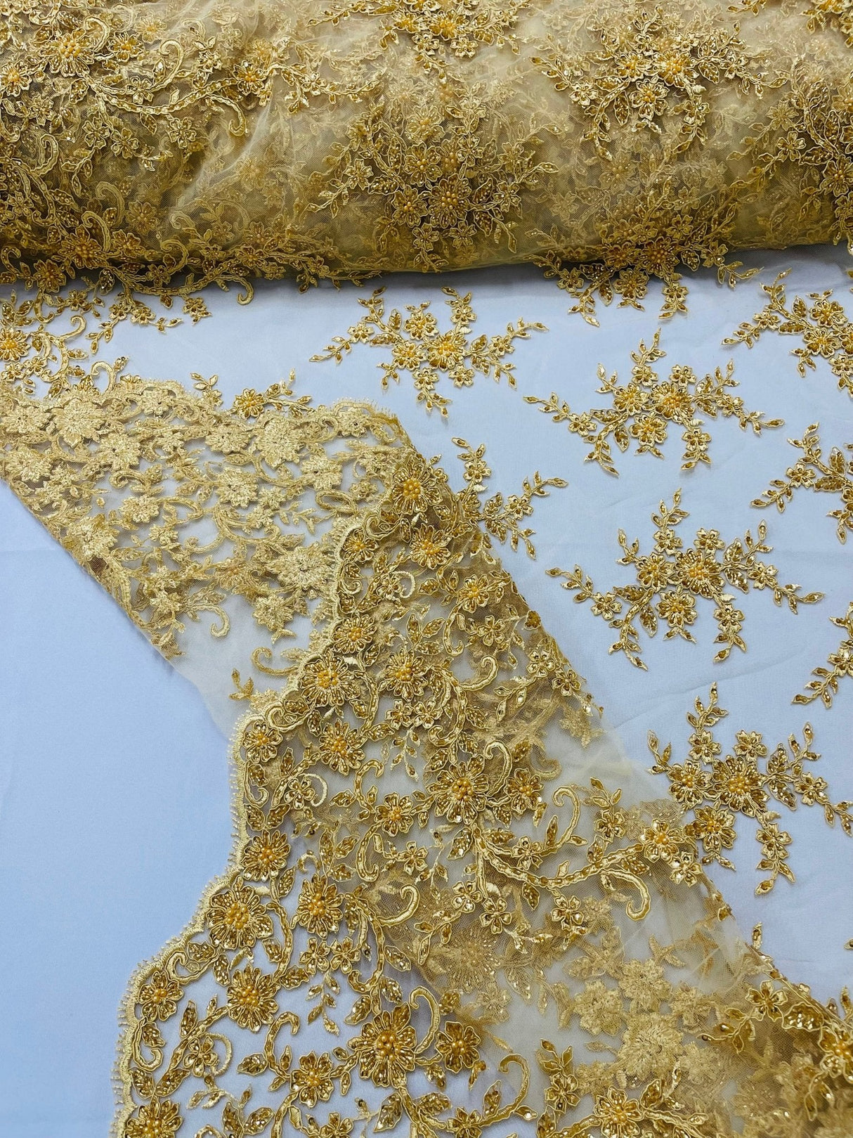 Big Floral Damask Beaded Lace Polyester Fabric - Floral Damask, 54" Width (1 Yard)
