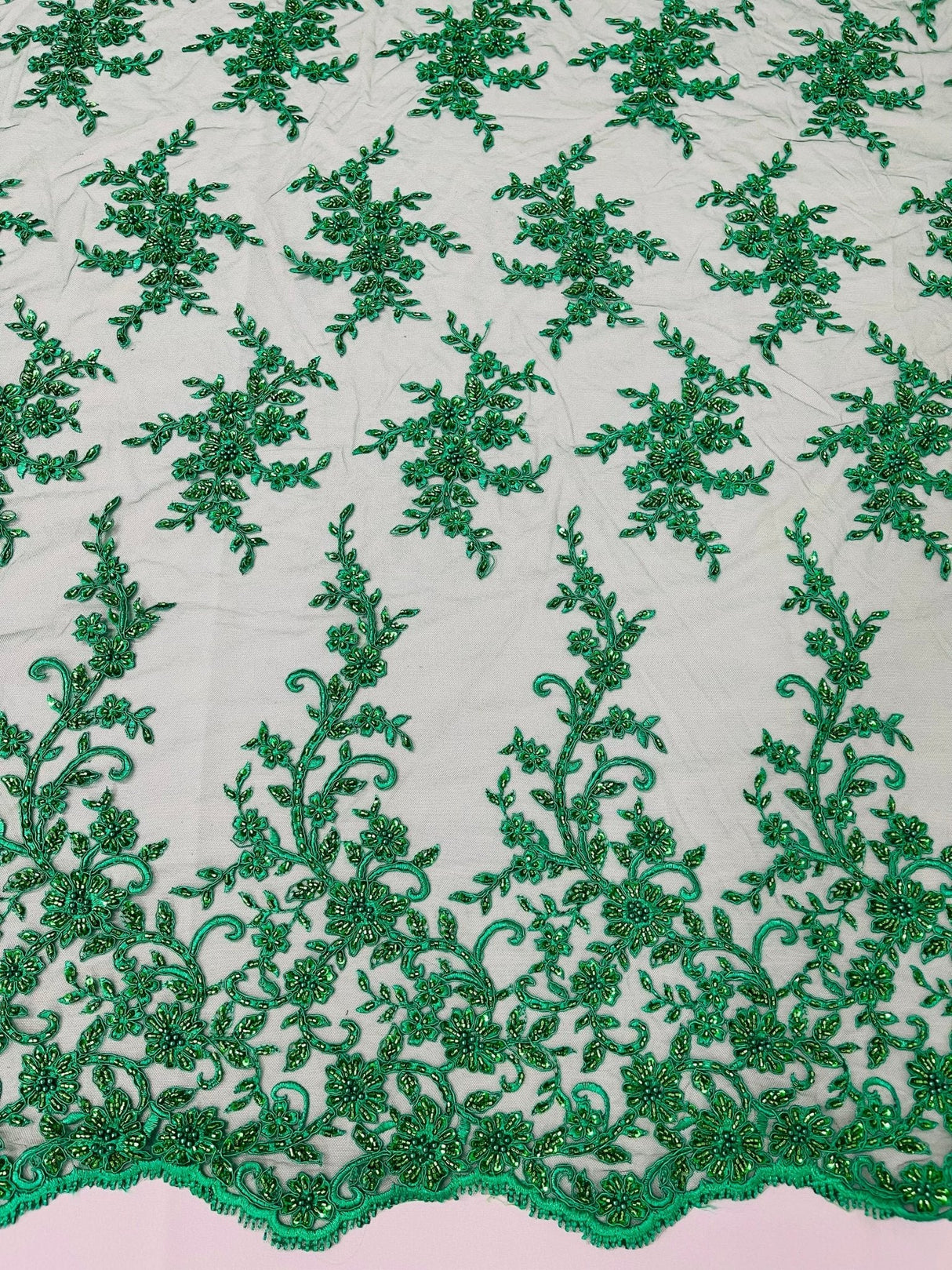 Big Floral Damask Beaded Lace Polyester Fabric - Floral Damask, 54" Width (1 Yard)