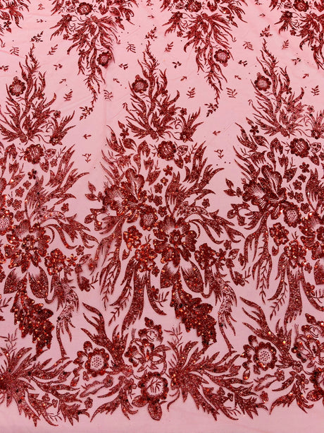 Big Glitter Damask Design On A Mesh Lace Fabric - Glitter Damask Pattern, 58" Wide (1 Yard)