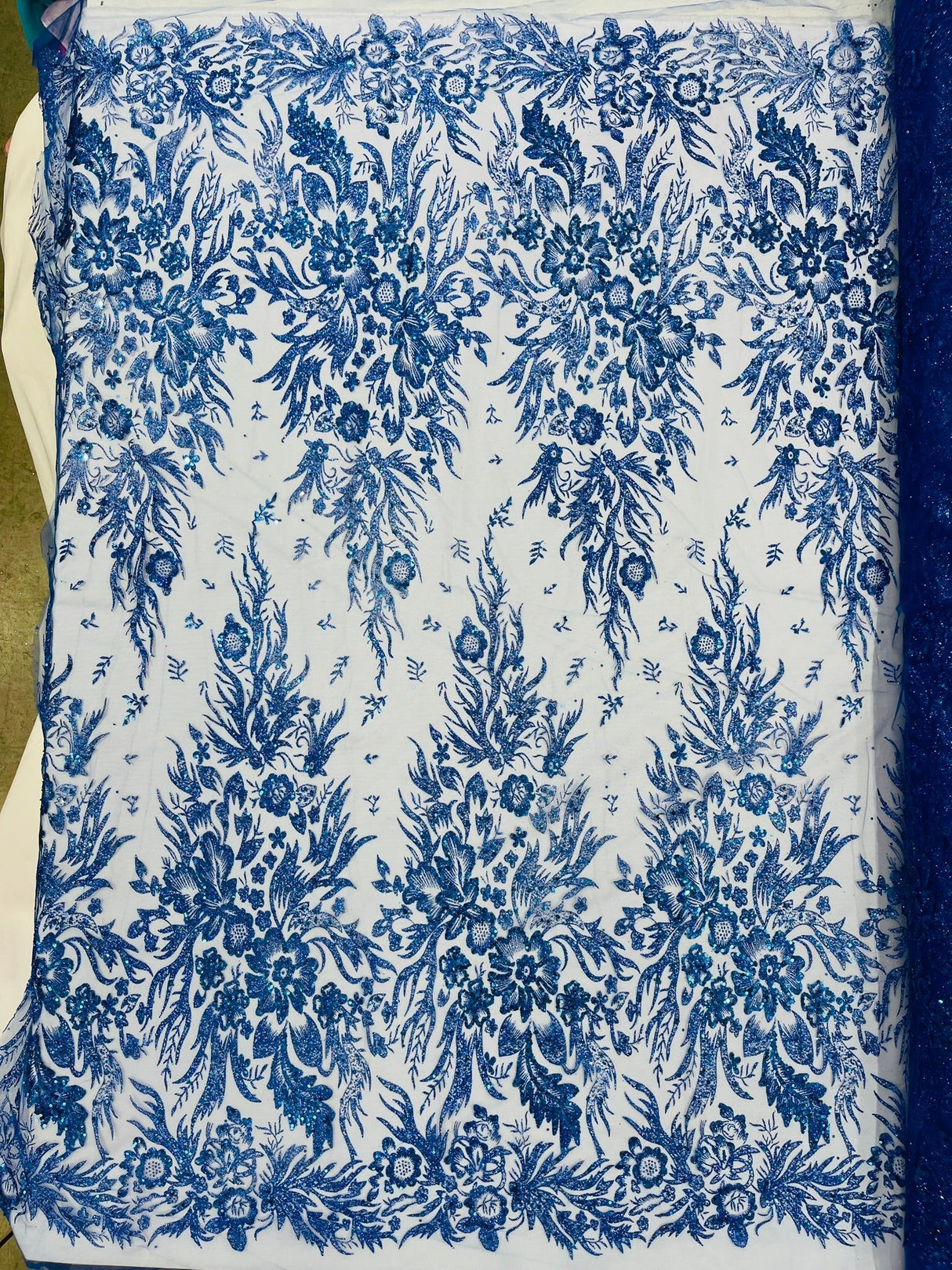 Big Glitter Damask Design On A Mesh Lace Fabric - Glitter Damask Pattern, 58" Wide (1 Yard)
