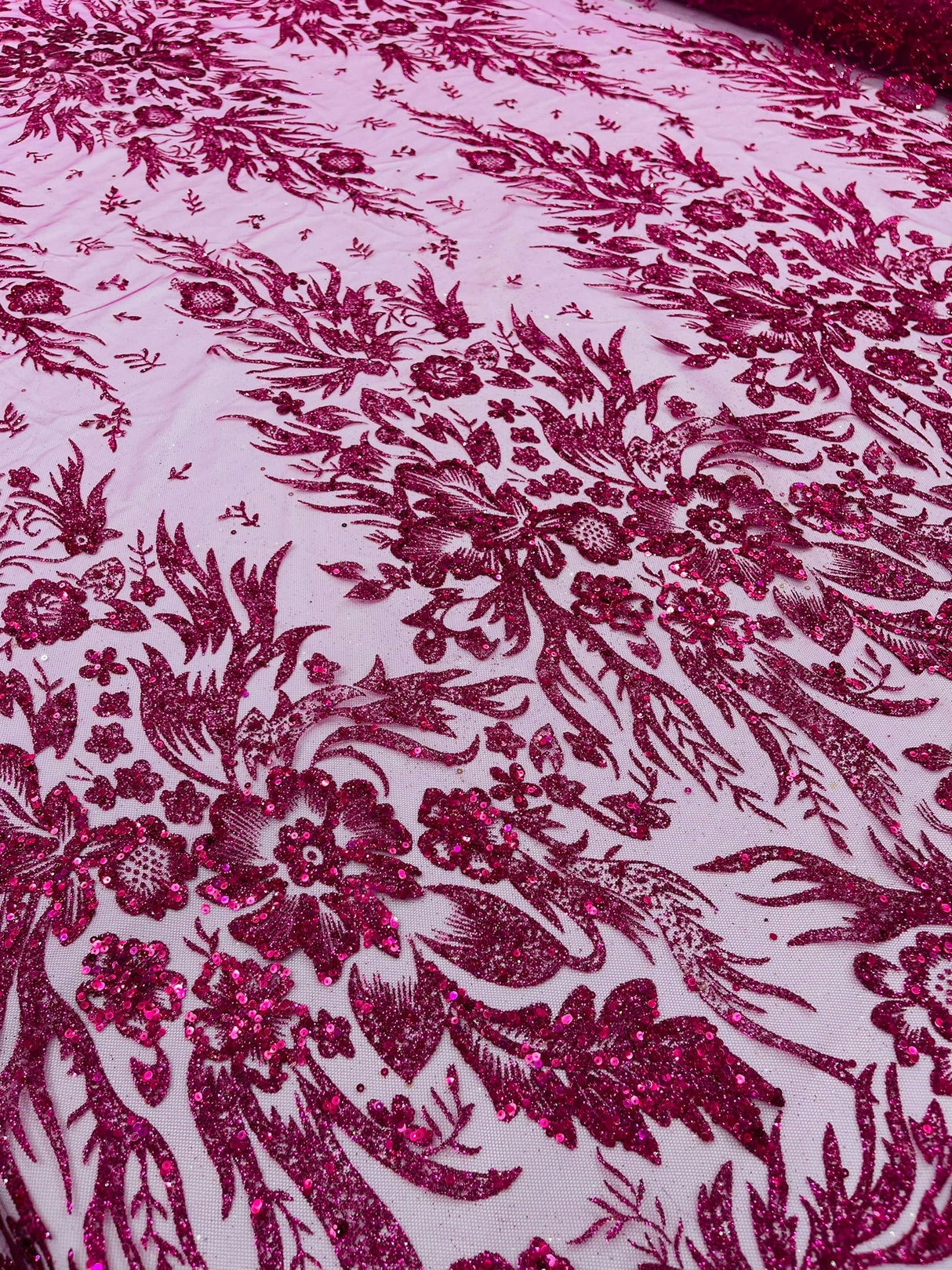 Big Glitter Damask Design On A Mesh Lace Fabric - Glitter Damask Pattern, 58" Wide (1 Yard)