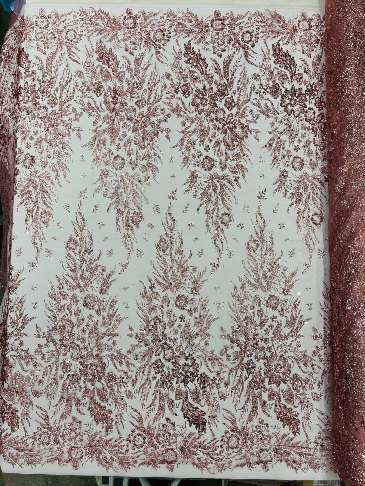 Big Glitter Damask Design On A Mesh Lace Fabric - Glitter Damask Pattern, 58" Wide (1 Yard)